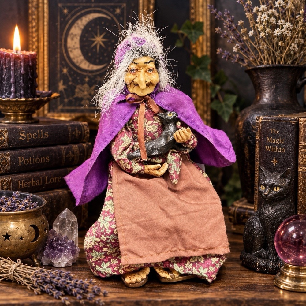 Handmade Crone Witch Doll Black Cat Whimsy Goth Dark Academia Halloween Decor